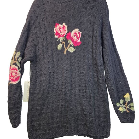 Floral Knit Cardigan Sweater XL Black Rose Pattern Button Front by Heirlooms - Picture 2 of 8